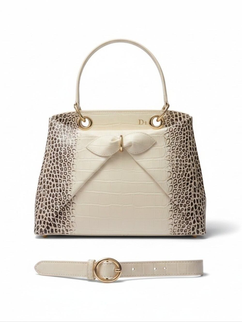 Luxury White Croc-Embossed Top-Handle Bag with Bow Accent